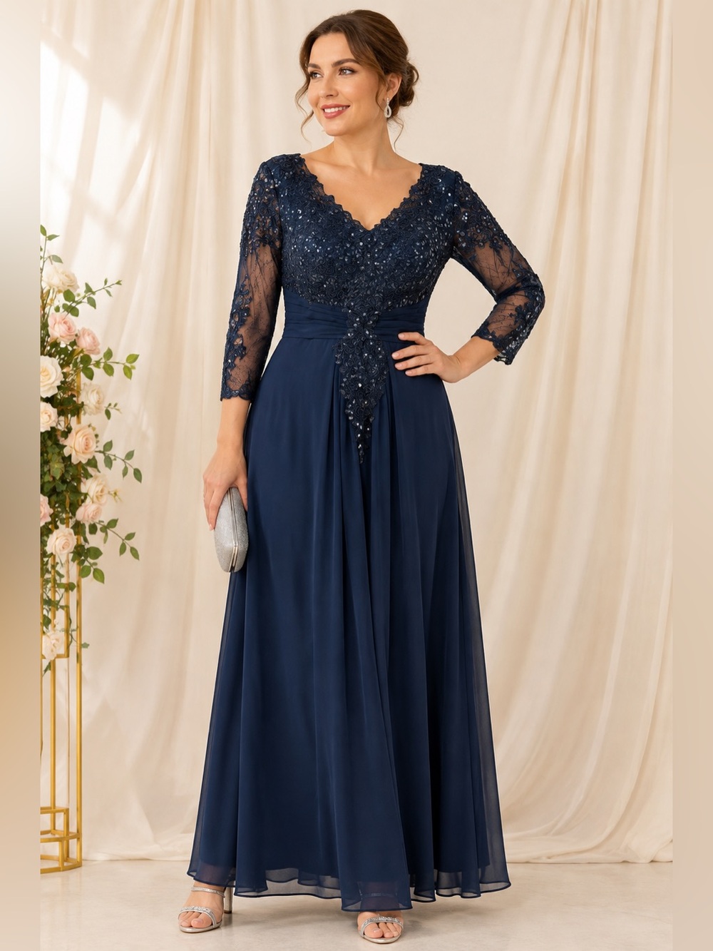Navy Sequin Lace Corset Back Long Sleeve Formal Maxi Dress Size 16